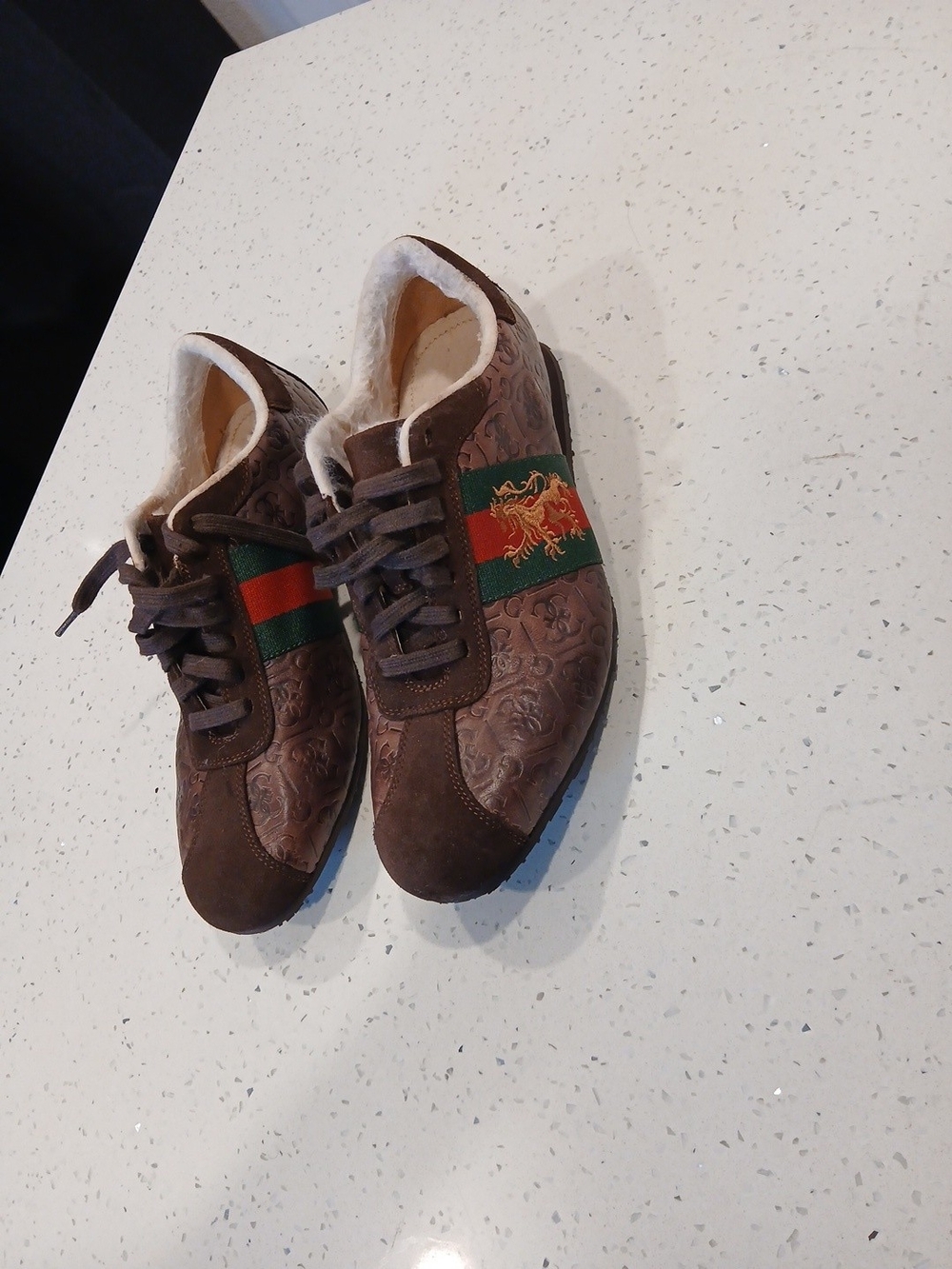 Guess Brown Suede Embossed Slip-On Sneakers with Green & Red Web Stripe
